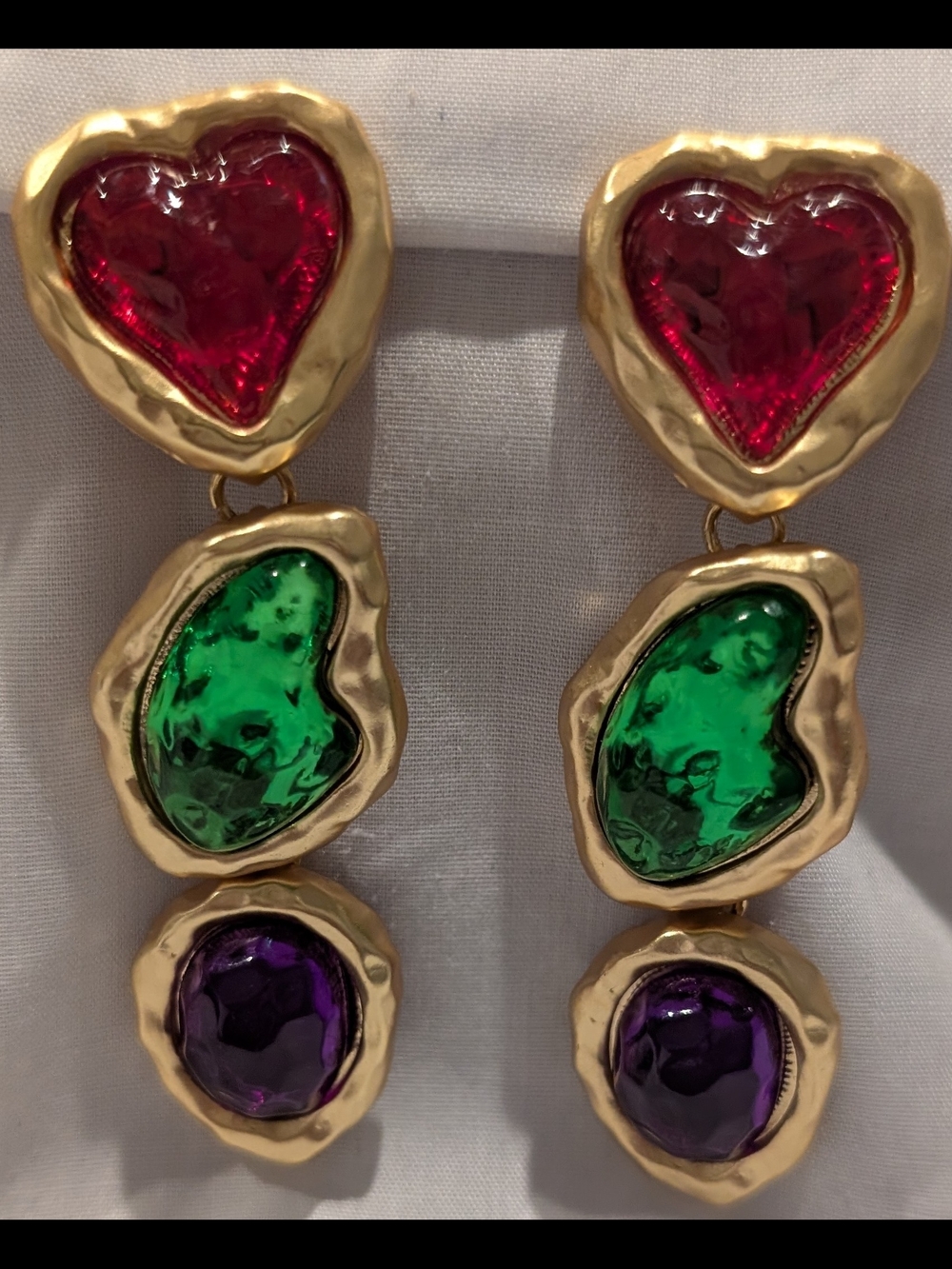 Catwalk Jon Gold-Tone Multi-Color Heart Drop Earrings - Red, Green & Purple - Picture 5 of 5